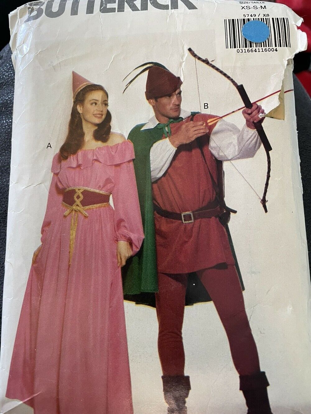 Butterick 5749 ROBIN HOOD Misses Mens Maid Marian Costume Pattern XS S M (6-14)
